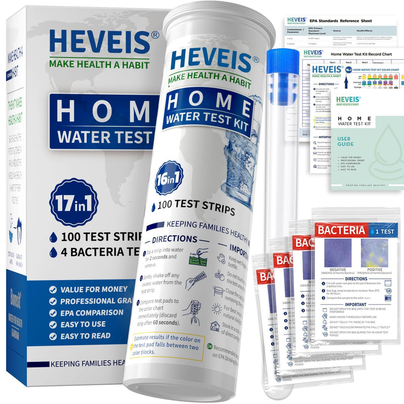 17 in 1 Home Drinking Water Testing Kit - 100 Strips + 4 Bacteria Tests - Tap and Well Water Test Kit, Easy to Test and Read for Hardness, Lead, Iron, Fluoride, pH, Copper, Bacteria and More Blue