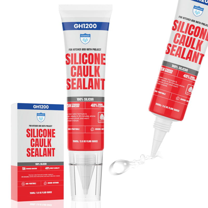 GH1200 150 ML/5 FL Oz Silicone Caulk Clear Silicone Sealant Waterproof, Kitchen & Bathroom Caulk - Shrink & Crack Proof - Indoor & Outdoor Use Silicone Glue - Strong Caulking Formula Tube 150 ML Clear Silicone Sealant