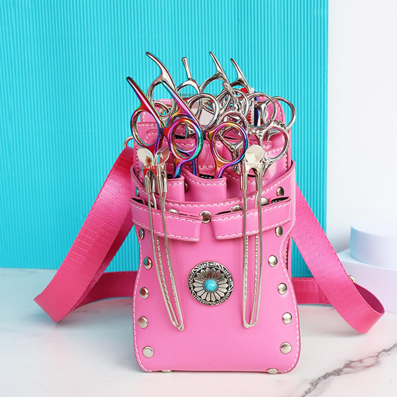 , crossbody and waist dual purpose Scissor Holder Hairdressing Tools Storage Holster Shear PU Leather Pouch with Removable for Hairstylists Groomer Makeup Artists Comb Pink