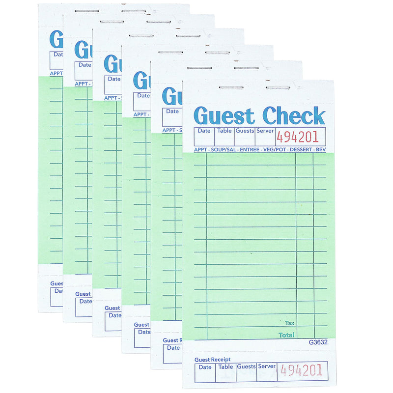 Guest Checks Server Note Pads 6 Pack 300 Orders, Green Guest Check Pads with Bottom Receipt, Waitress Notepad for Restaurant Business 6PCS