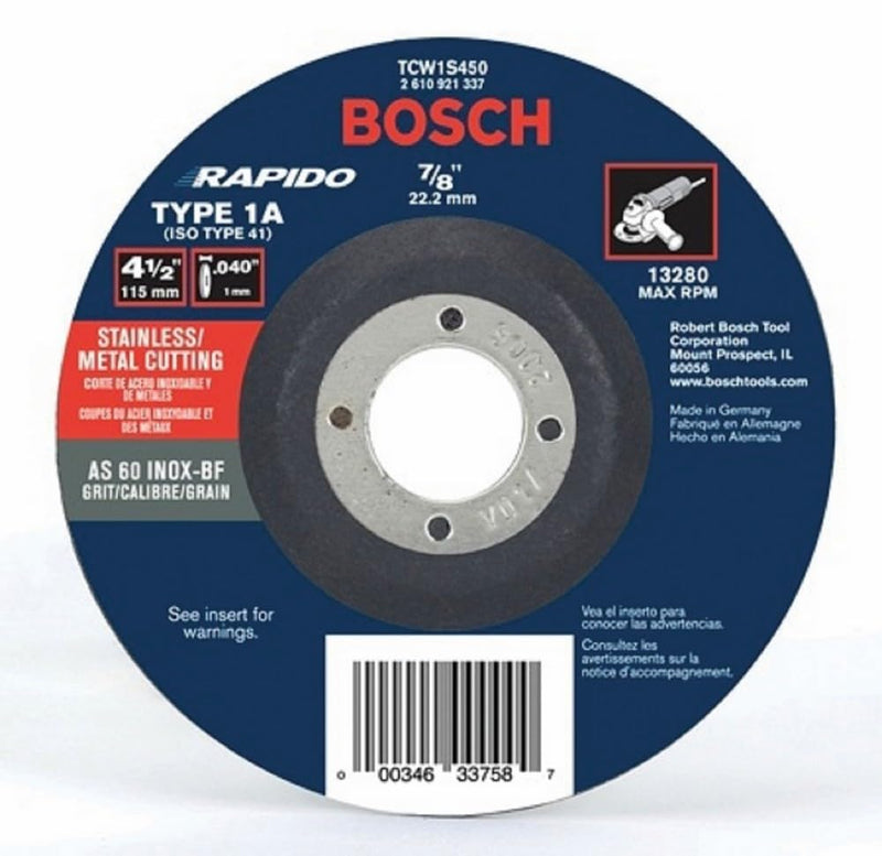 BOSCH 4-1/2 in. x .040 in. and 7/8 in. Arbor Type 1 60 Grit Fast, Thin Metal/Stainless Cutting Abrasive Wheel for Angle Grinder, Pack of 25 (TCW1S450)