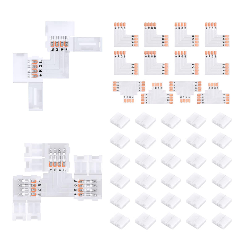 42Pcs 4 Pin LED Strip Connectors Kit for 5050 10mm Wide RGB LED Strip Light, Includes 8 L-Shaped, 4 T-Shaped, and 30 Solderless LED Light Connectors Clips, Easy for DIY Lighting Projects