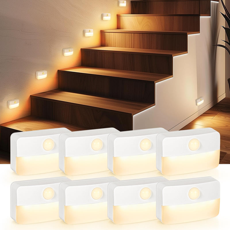 8 Pack Motion Sensor Stair Light for Indoor, Battery Operated Closet Lights, Wireless Stick on Anywhere Hallway Lamp, 40 Lumen 3000K Portable Led Night Lamps for Bedroom Under Cabinet Kitchen 8 Pack