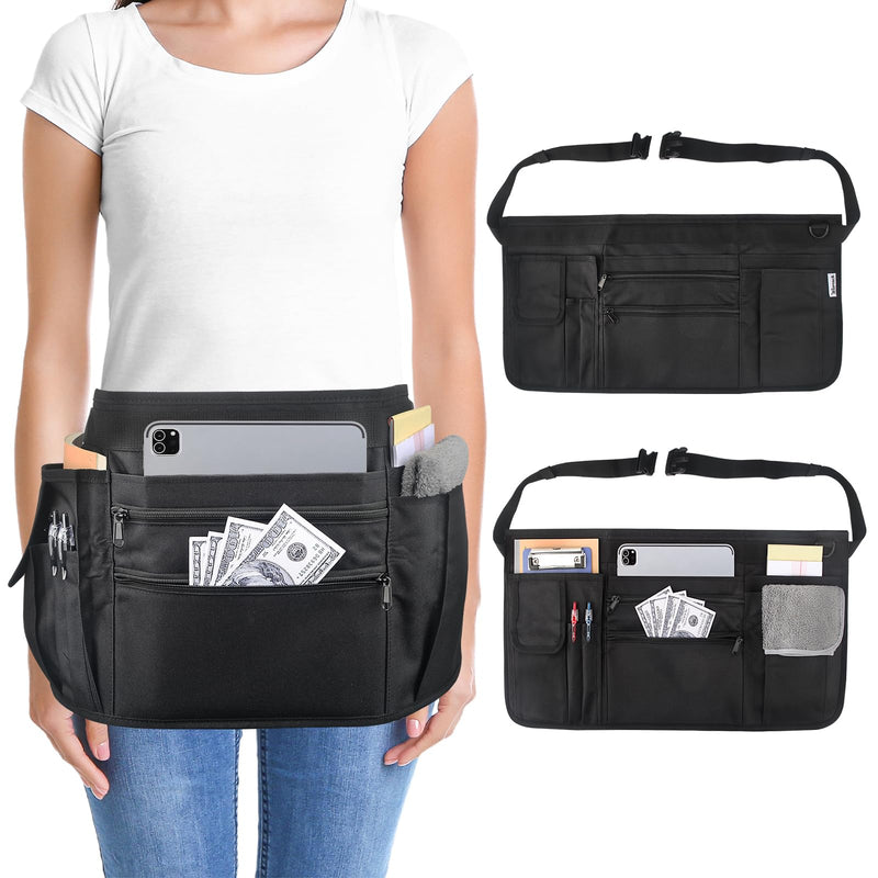 Waitress Apron Server Apron with 7 Pockets, Black Half Apron with Zippers & Adjustable Belt,Waist Apron for Restaurant, Kitchen