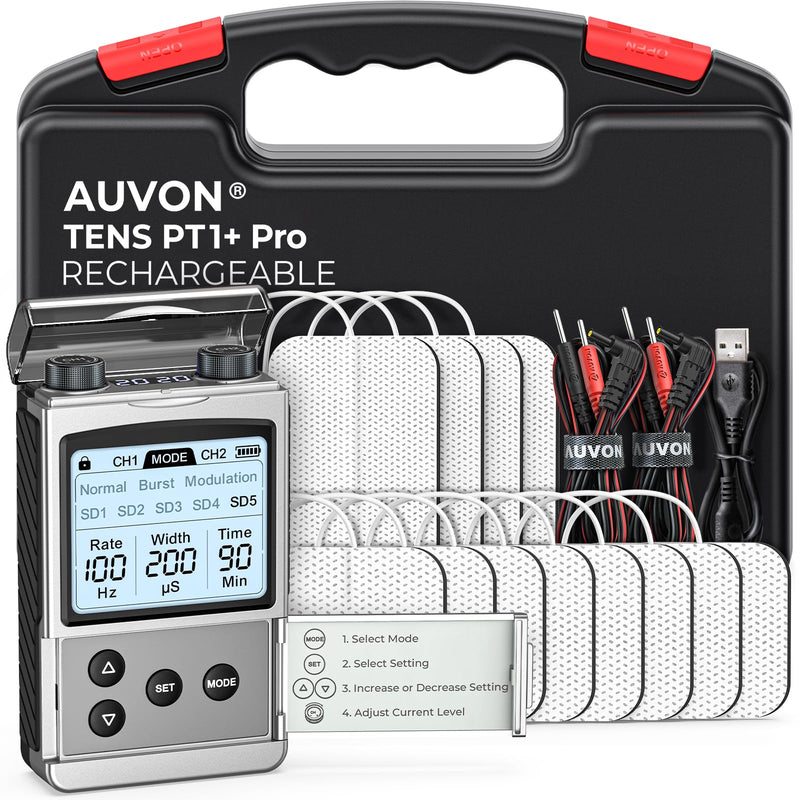 AUVON Rechargeable TENS Unit Muscle Stimulator, FSA HSA Eligible, Digital TENS Machine with 8 Customizable Modes, Electronic Massager for Sciatica, Shoulder & Back Pain Relief, 12 Pads, A Carry Case