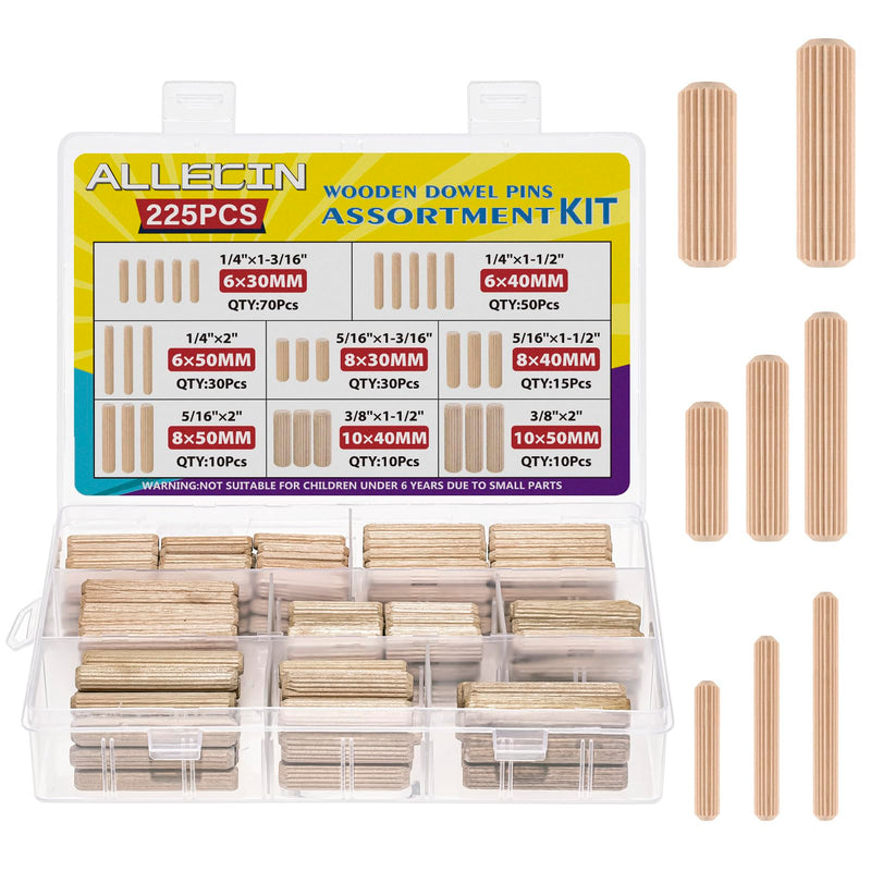 8 Values Wood Dowels Kit 1/4 3/8 5/16 Inch Fluted Wooden Dowel Pins Pegs Assortment for Furniture Woodworking DIY Crafts (Pack of 225Pcs)