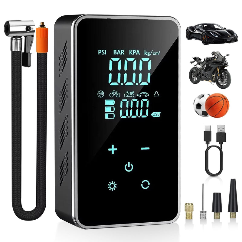 Tire Inflator Portable Air Compressor – 150 PSI Cordless Electric Pump with Digital Pressure Gauge, LED Touchscreen, Auto Shut-Off, Flashlight, and 5 Preset Modes for Cars, Motorcycles, Bikes & Balls