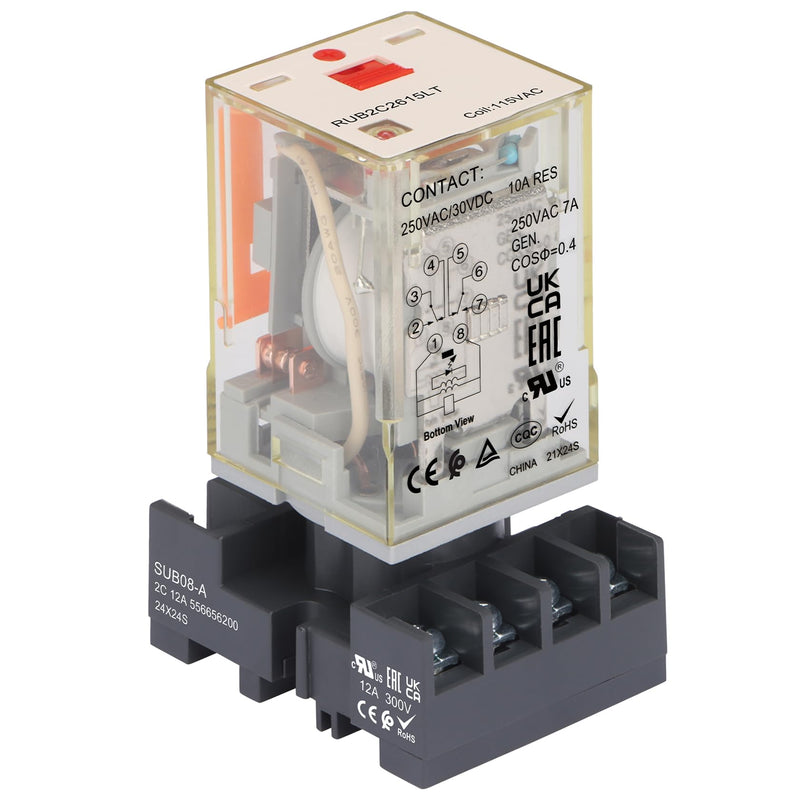 Power Relay MK2P-I Type RUB2C2615LT, AC 120V Coil, 8Pin 2NO 2NC DPDT, with LED Indicator Light and Test Button, Plug-in Terminal Socket Base, UL Certification (AC 110V) AC 110V