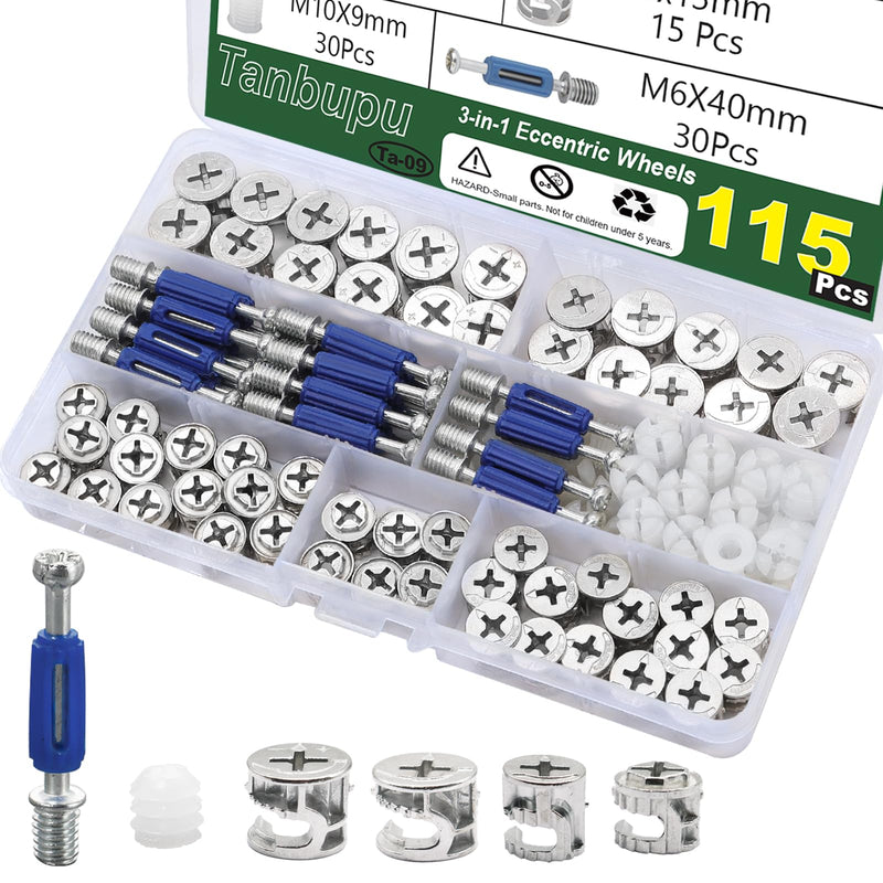 115Pcs Cam Locks for Furniture, 3-in-1 Eccentric Wheels Bolt, Cam Lock Nuts and Cam Screws,Connecting Fastener Cabinet Connectors Hardware,Multi-Size Nut & Bolt Assortment Sets