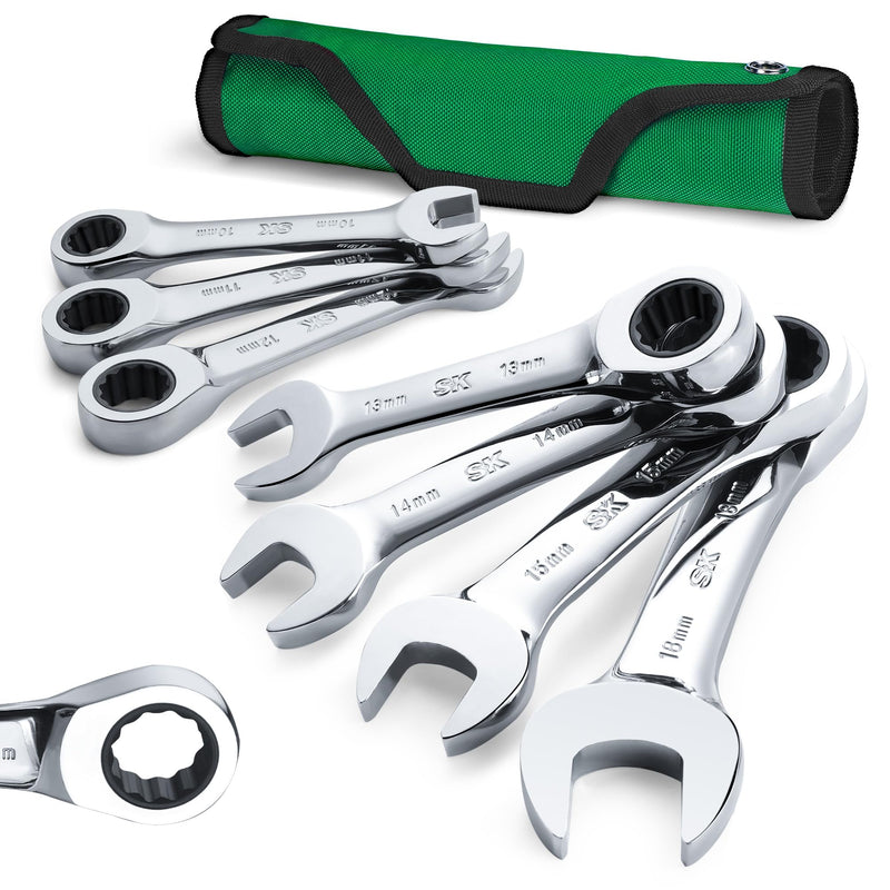 SK Stubby Ratcheting Wrench Set, Combination Wrench Set, 7-Piece, Metric, 72-Tooth, CR-V Steel, with Rolling Pouch
