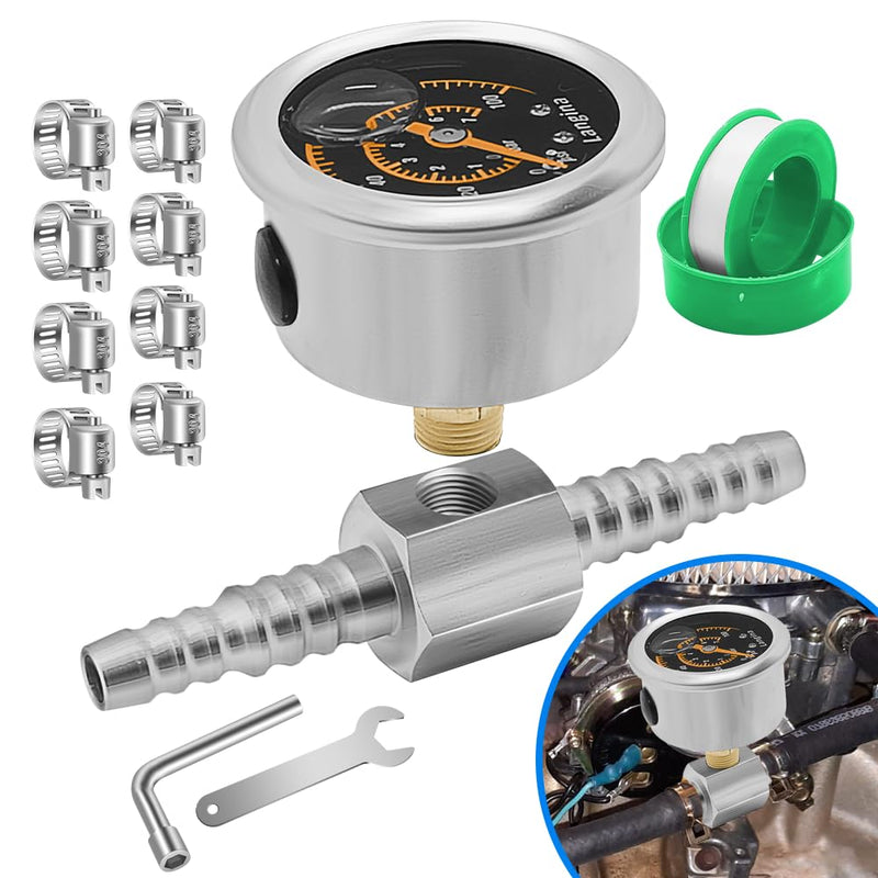 0-100Psi Fuel Pressure Gauge, 1/8" NPT Fuel Pressure Gauge, Back Mount, Glycerin Filled Pressure Gauge with Dual use 5/16" Barb(8mm) to 3/8"(10mm) Barb Hose Fitting