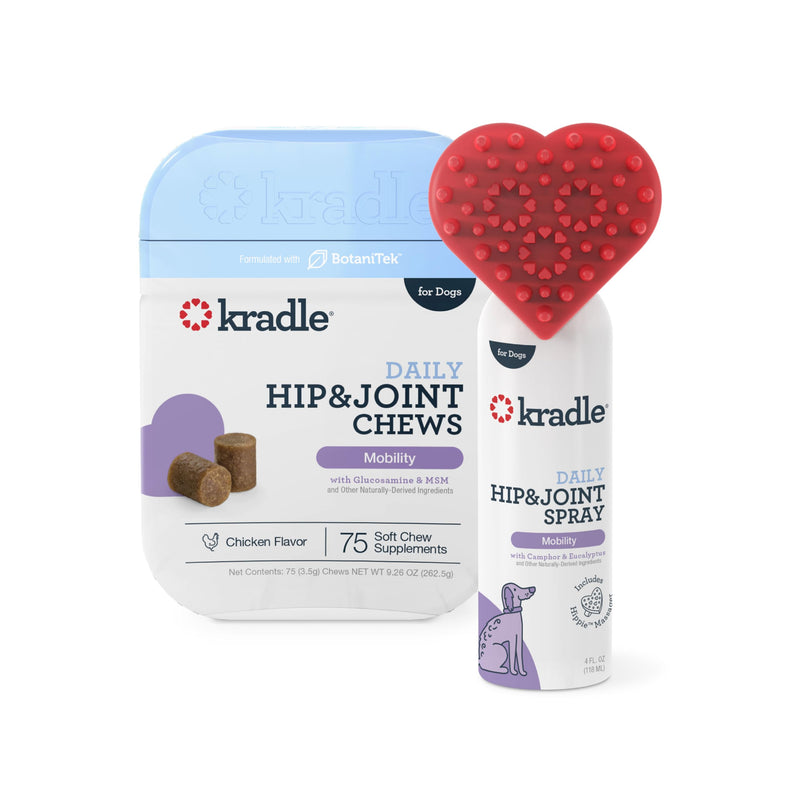 Kradle Daily Hip & Joint Bundle - Mobility & Comfort Topical Spray and Chews - Arthritis Relief Support for Dogs with Soothing Ingredients - for All Dog Breeds & Sizes -75-Count Chew & 4oz Spray - PawsPlanet Australia