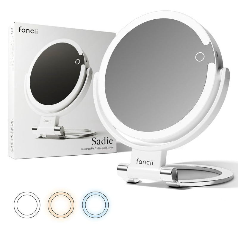 Fancii Travel Magnifying Mirror 10x /1x with Lights, Rechargeable | 9-Inch Extra Large LED Lighted Makeup Mirror, Folding Double Sided Portable Vanity Mirror, 3 Light Settings, Touch Sensor (Sadie)