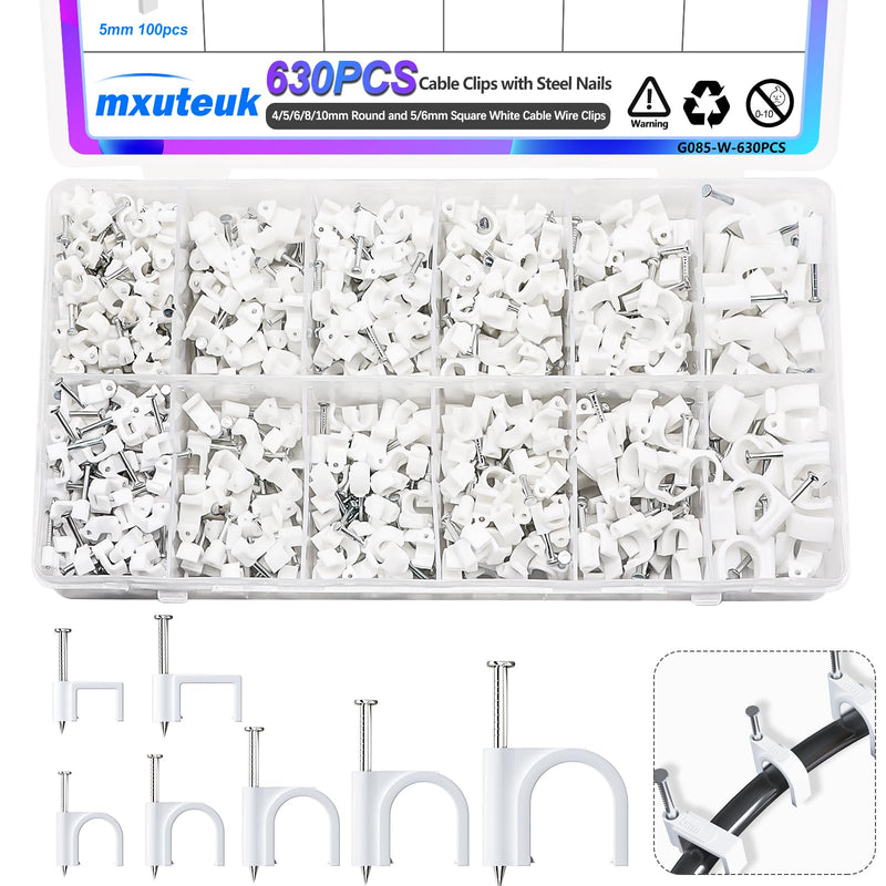 mxuteuk 630PCS Cable Clips with Steel Nails,4/5/6/8/10mm Round and 5/6mm Square White Cable Wire Clips,Wall Clips for Cords,Cable Cord Clips for RG6 RG59 CAT6 RJ45