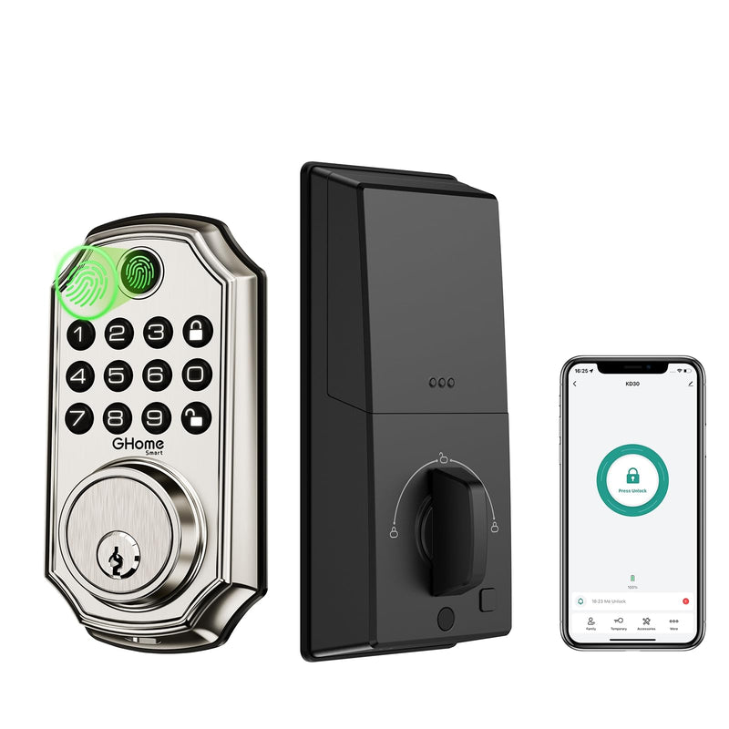 GHome Smart Door Lock KD30, Fingerprint Smart Deadbolt for Front Door, 5 in 1 Keyless Entry Door Lock, App Control, Auto Lock, 0.3s Unlock, Easy Install, for Home/Apartment/Office Smart Deadbolt Lock-Silver