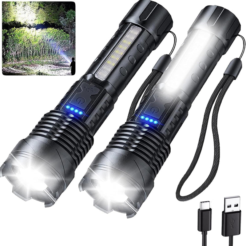Rechargeable Flashlights High Lumens 2 Packs, 980,000L Tactical Led Flash Light High Powered, Super Bright Zoomable flashlight with 7 Modes, Cob Side Light, Adjustable Flash lights for Home Emergency Large