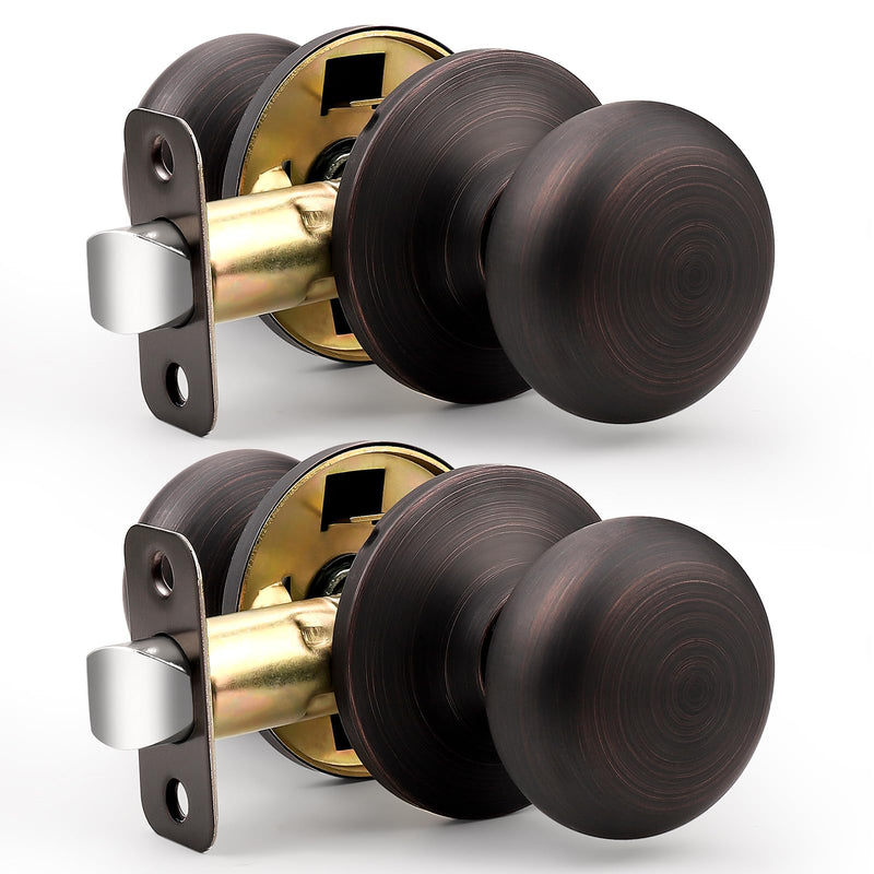 Probrico Closet Door Knob Oil Rubbed Bronze Finish, 2 Pack Standard Size Interior Door Handles with Passage Function, Flat Ball Knob for Closet and Hallway