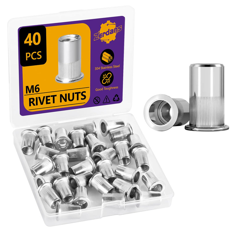 M6 Rivet Nut, 40PCS Rivnut Nutsert Metric 304 Stainless Steel Rivets Flat Head Rivet Nuts Rivnut Threaded Assortment for Furniture, Automotive and Industrial Applications (M6-1.0mm) M6 40
