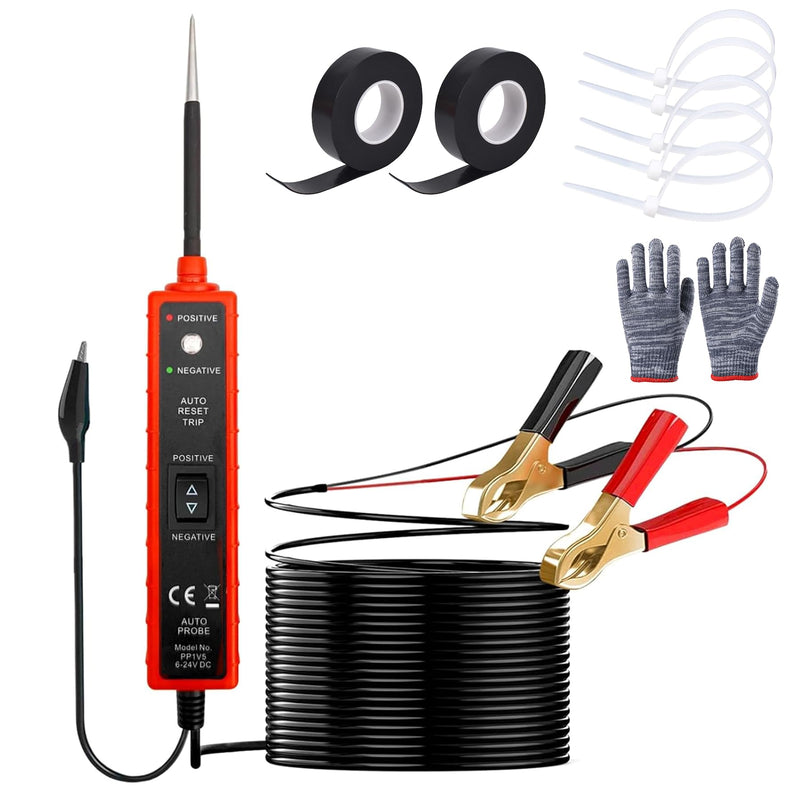 Power Circuit Probe Tester 6V-24V DC Test Light Car Fuse Tester Tool 12V Short Circuit Finder 12V Auto Electrical Tester Kit Component Tester Polarity Identify with Overload Protection,Long Test Lead Red