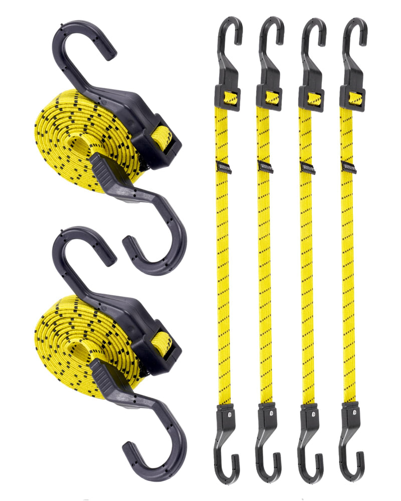 6 Pcs 48 Inch Flat Adjustable Bungee Cords with Hooks, 3X Faster to Adjust The Length, Lucky Straps Black/Yellow Heavy Duty Bungee Straps for Cargo, Bike, Cart, Tent, Truck, Camping, Outdoor, etc