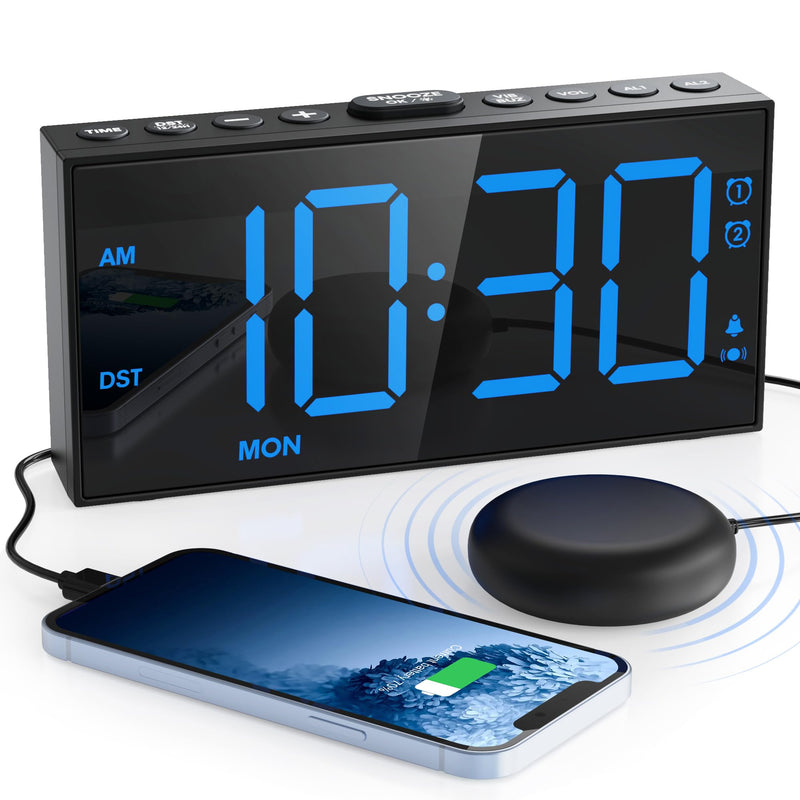 Mesqool Loud Alarm Clock for Heavy Sleeper, with Vibration for Hearing Impaired Deaf, Annoying Clock for Bedroom,USB Port,Dual Alarm with Snooze Blue Digits in Boldface