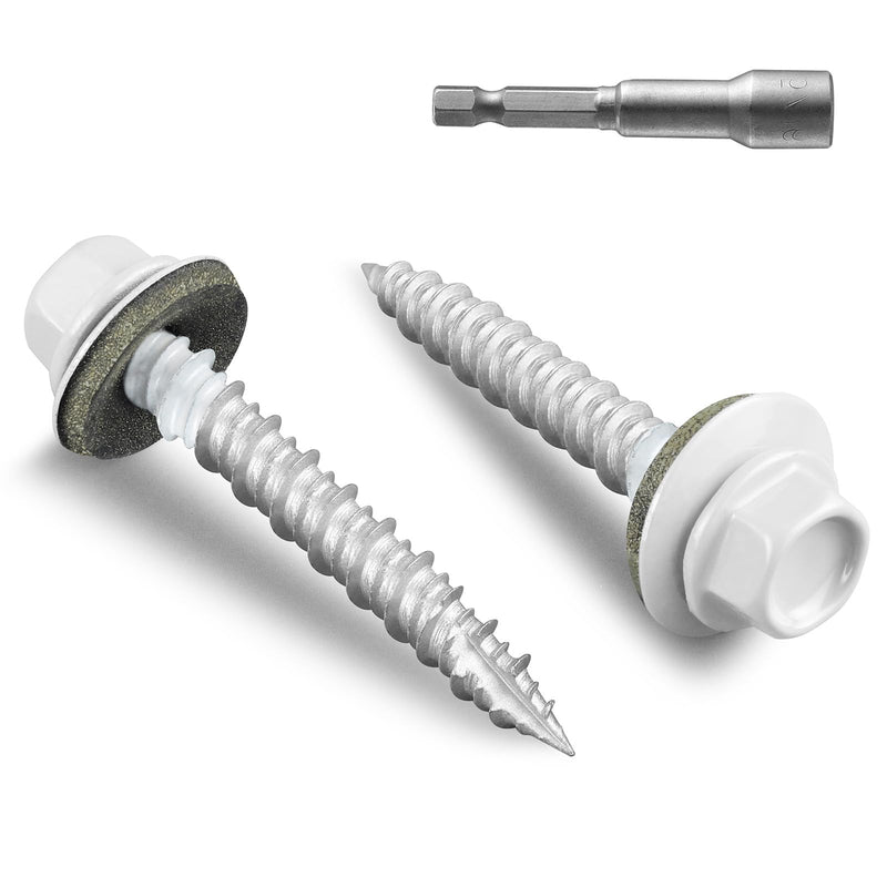 Metal Roofing Screws #10 × 1 1/2 Inch, 64pcs White Ruspert Coating Hex Head Sheet Metal Roof Screws, Self Starting Metal to Wood Siding Screws, EDPM Rubber Washers 10 x 1.5" White 1lb per box