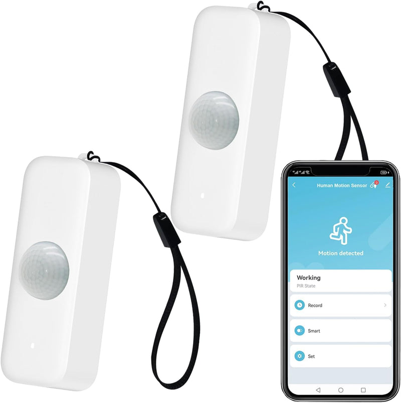 PHOVOLT WiFi PIR Motion Sensor: Smart Indoor with App Notification Alert and Recording Infrared Motion Detector for Remote Monitoring and Home Automation with Lanyard (2 Pack) 2pack