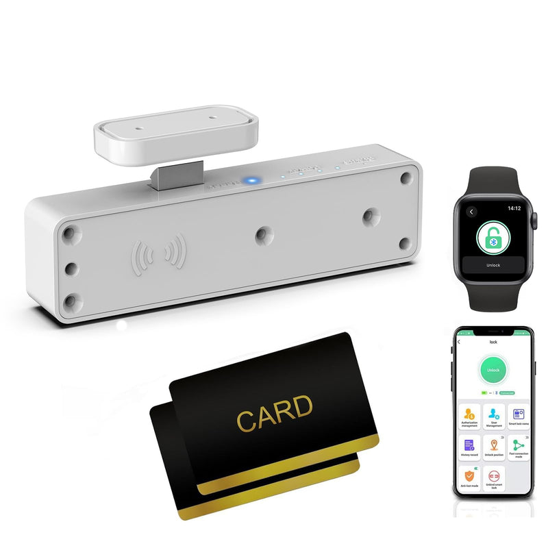 Cabinet Lock RFID Card NFC eLinkSmart Slim Hidden Double-Layer Drawer Lock Child Safety Cupboard Door Lock for Liquor File Kitchen Pantry Furniture Support Phone or Watch App No Drilling White Slim-White