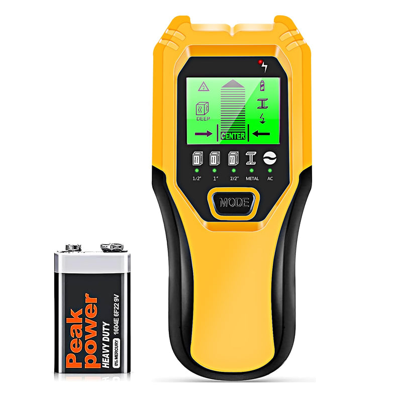 Stud Finder Wall Scanner 5 in 1 Multifunctional Upgraded Smart Wall Scanner, Stud Sensor Beam Detector with Battery for Wood Metal and AC Wire Detection, Comes with HD LCD Display and Audio Alarm Yellow