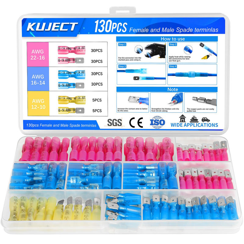 Kuject 130PCS Heat Shrink Wire Connectors, 22-10 AWG Electrical Insulated Male Female Wire Spade Terminals, Quick Disconnect Waterproof Crimp Butt Terminals for Automotive Marine Boat Truck 130