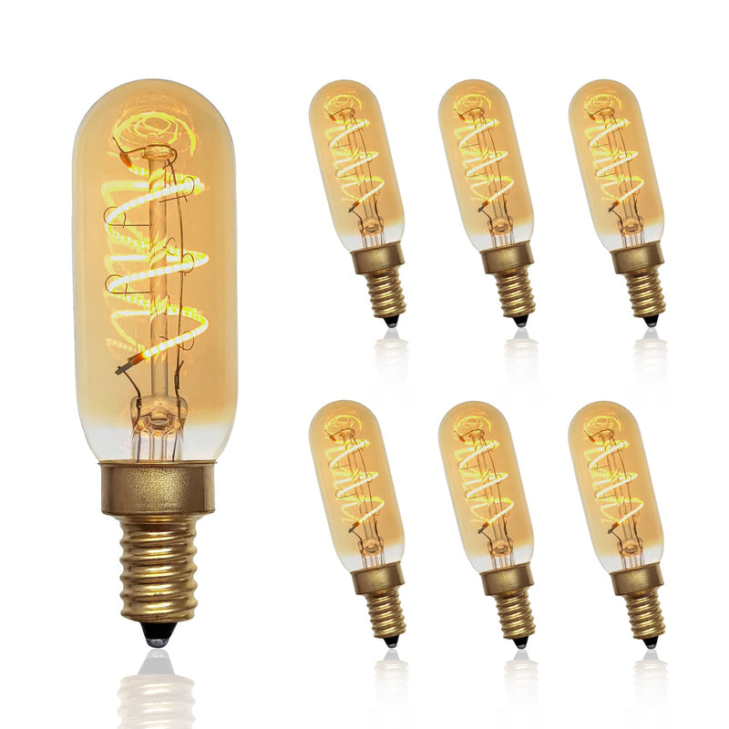 T6/T25 LED Edison Candelabra Bulb, E12 Base, Dimmable, 40W Equivalent (4W), 2200K Warm White, Spiral Filament, Amber Glass - Ideal for Chandelier, Ceiling Fan - 6 Pack