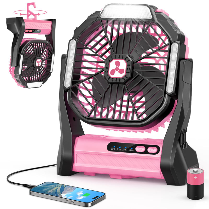 Portable Rechargeable Fan, 20000mAh Cordless Battery Powered Camping Tent Fans with SOS & LED Lantern, Small USB C Operated Outdoor Ventiladores for Travel Camp Fishing Office Home Essentials L Pink