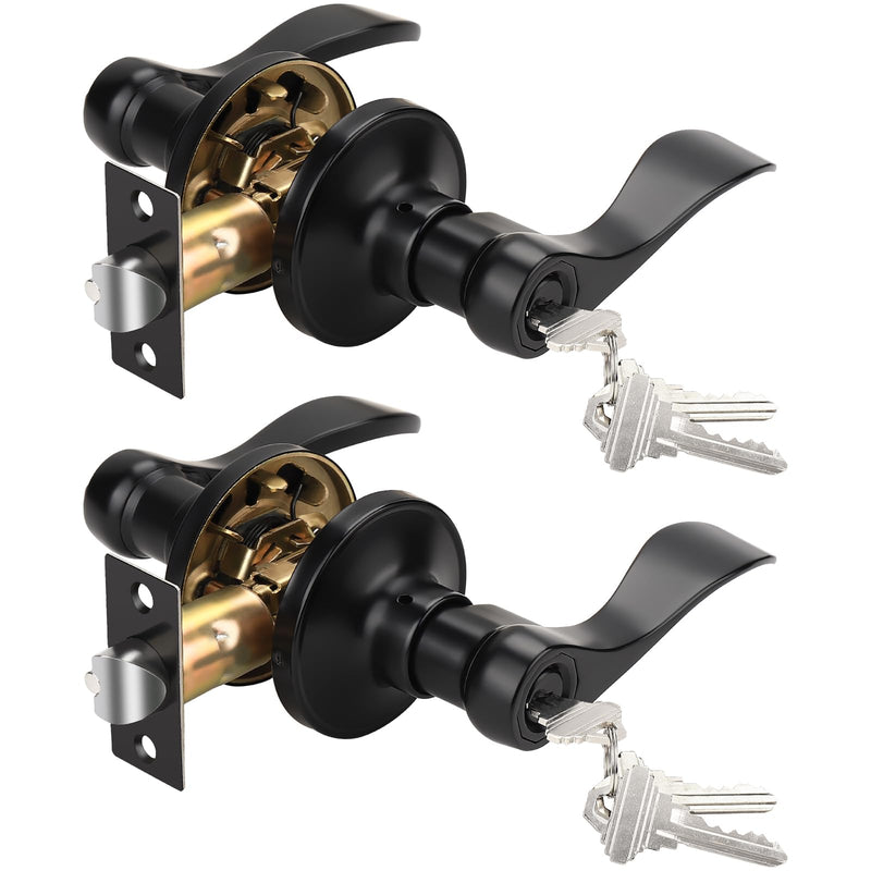 Knobonly 2 Pack Keyed Bathroom/Bedroom Door Lock, Matte Black Front Door Handle, Exterior Door Handle, Different Key for Each Pack, Zinc Alloy Entry