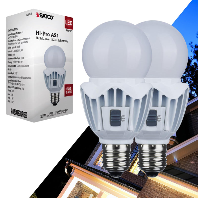Satco 2 Pack 20 Watt LED A21 Light Bulbs S28737, High Lumen Output, 2700K/4000K/5000K CCT Selectable, E26 Medium Base, White Finish, 120V-277V, Ideal for Wide Areas, Commercial, Residential
