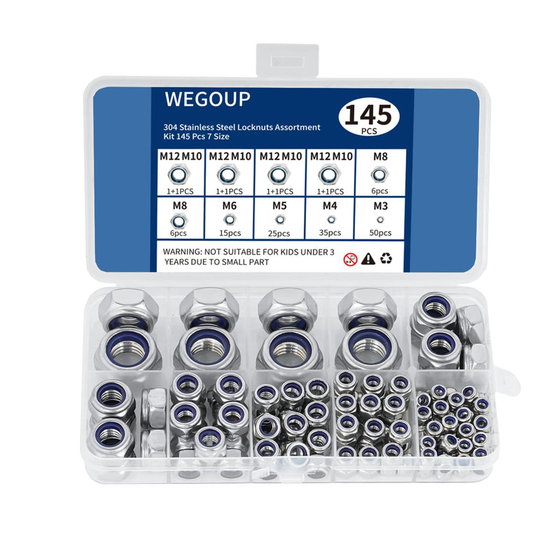 145 PCS Nylon Insert Locknut Assortment Kit, Metric M3-M12, 304 (A2-70) Stainless Steel Lock Nuts, Hex Nut Set for Industrial and Home Use
