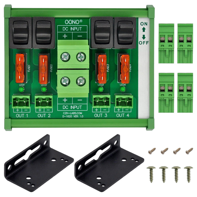 DC Power Distribution Module, Rocker Switch, Fused, Pluggable Top Wiring Terminal Block, DIN Rail and Screw Mount (4 Channel) 4 Channel