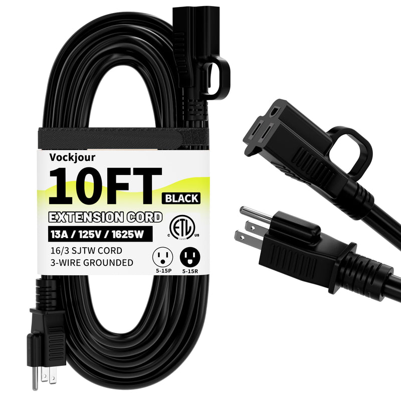 16/3 Black Indoor Outdoor Extension Cord 10 Ft Waterproof, Heavy Duty Extension Cord with 3 Prong Grounded Plug,13A 1625W 16AWG SJTW, Flexible Weatherproof Power Cords for Offices, Gardens and Lawns 10FT with velcro