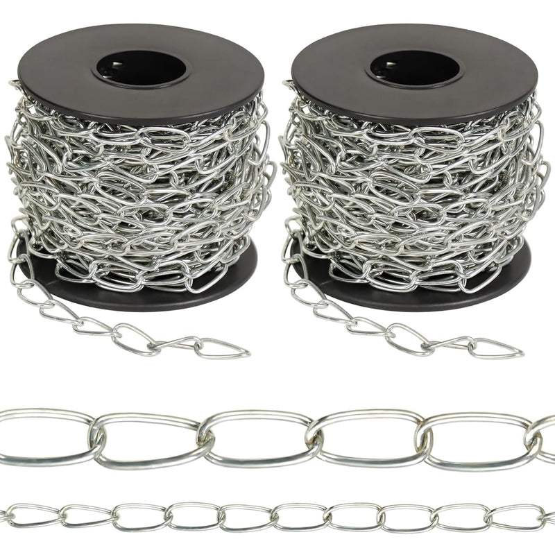 2Pack Jack Chain with Spool, 60Ft Totally Galvaniz Iron Hanging Chain, Metal Link Chain for Hanging Plants, Bird Feeders, Overhead Lights, Silver