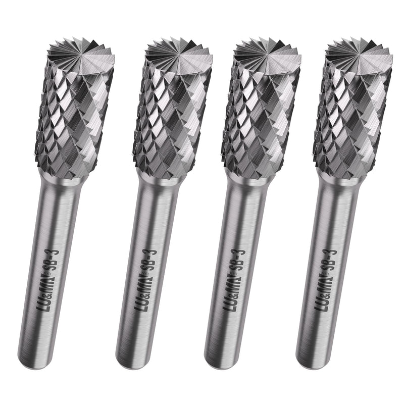 LU&MN SB-3 Tungsten Carbide Burr - Industrial-Grade Double Cut Rotary Burr - 3/8" Head 1/4" Shank - Deburring, Chamfering, Engraving, Polishing - Metal & Wood - 4 Pcs SB-3 4PCS