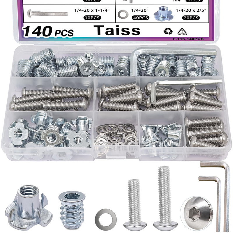 Taiss 140PCS 1/4-20 Threaded Inserts for Wood,T Nuts,1/4-20x 1", 1-1/4" Bolts Button Head Socket Cap Screws Fully Threaded and 1/4-20 Washers with Hex Wrench F-116-140PCS