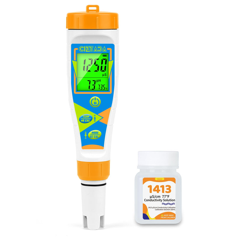 Digital pH Tester for Water pH EC PPM Meter for Hydroponics Nutrients with 1413μs/cm Calibration Solution pH Conductivity TDS Temperature Monitor Meter for Indoor Plant, Pool, Drinking Water EC Meter with Calibration Fluid