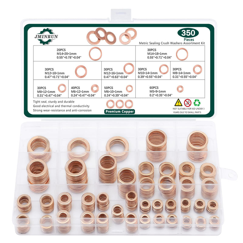 350 PCS, Premium Copper Metric Sealing Crush Washers Assortment Kit, Enhanced Flat Ring Oil Drain Plug Crush Washer Gasket Seal Set, Banjo Bolt Washers for Automotive, Motorcycles （10 Size） Copper Washers - Metric - 350 Pcs