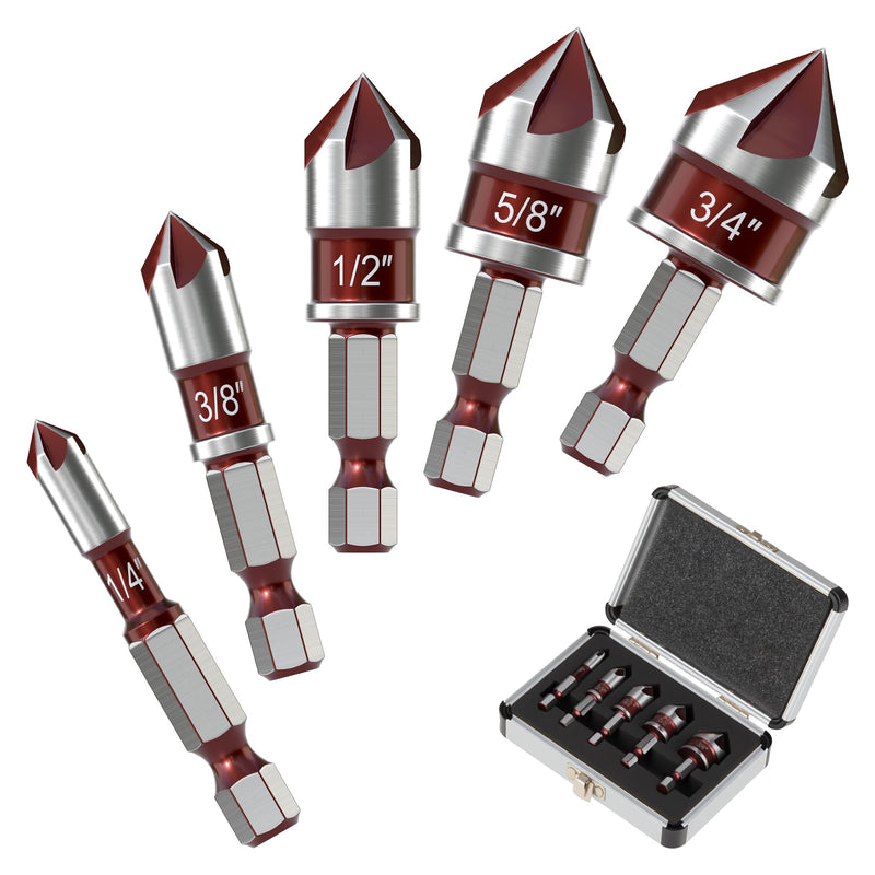 5-Piece Countersink Drill Bit Set, 82 Degree, 5 Flute High Speed Steel Countersink Bits, Quick-Change Hex Shank, for Metal, Wood, Plastic, 1/4" to 3/4" Size, with Aluminum Storage Case 5 PCS 1