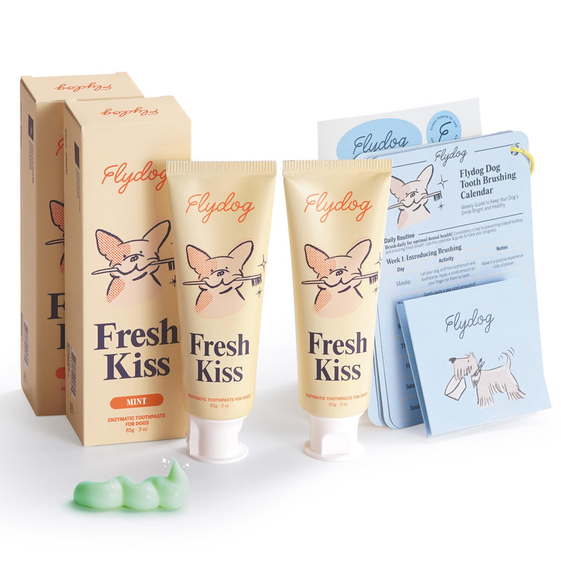 FlyDog Fresh Kiss Enzymatic Dog Toothpaste Kit - Vet Approved Organic Fomula with Coconut Oil, Tartar Remover for Dogs & Cats, 2 Tubes Pack with Toothbrushing Calendar & Brush Guide, Mint Flavor Mild Mint - PawsPlanet Australia