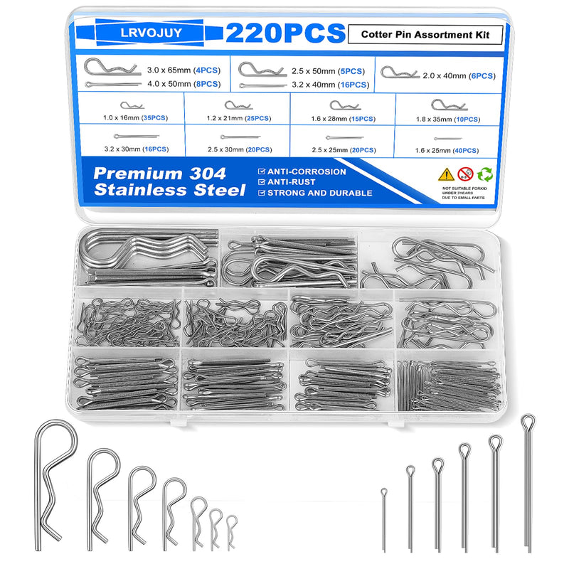 220PCS Cotter Pin Assortment Kit, 13 Sizes Premium 304 Stainless Steel Cotter Pins, Heavy Duty R Clips & Hairpin Cotter Pin Set, Hardware Pins for Automotive, Trailer, Hitch Pin Lock System
