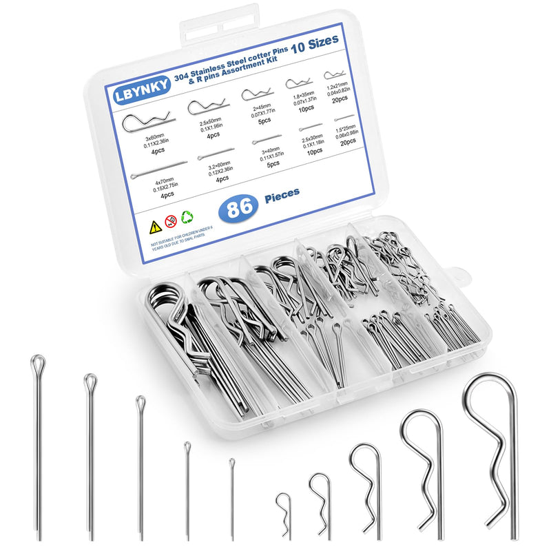 86 PCS Cotter Pin Assortment Kit, 10 Sizes Stainless Steel Cotter Pins & R Clips, Heavy Duty Pin Clips, Lock Pins for Hitch Pin Lock Systems, Lawn Mowers, Tractor