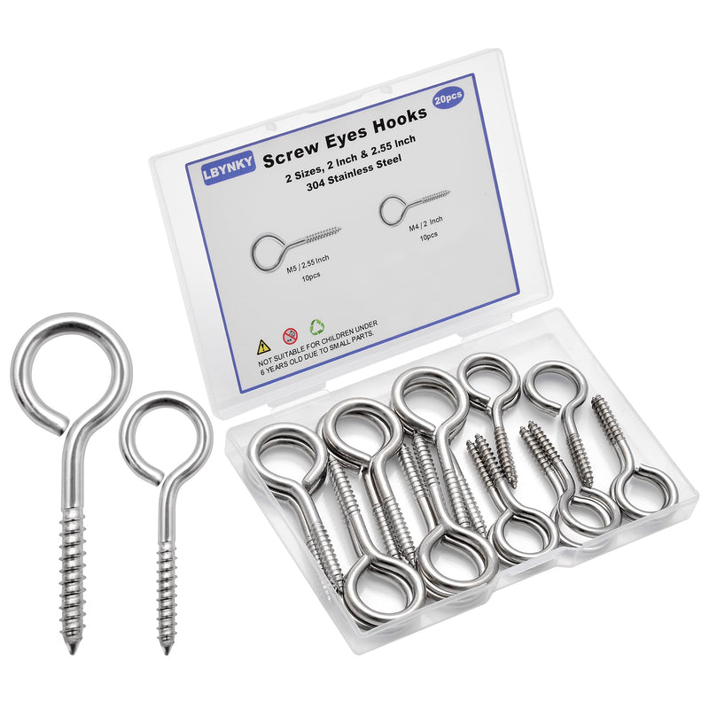 20 PCS Eye Screws 2.55 Inch & 2 Inch Stainless Steel Eye Bolt, Heavy Duty Screw Eyes for Wood, Eye Hooks Screw for Secure Cable Wires, Indoor & Outdoor Use, 2 Sizes