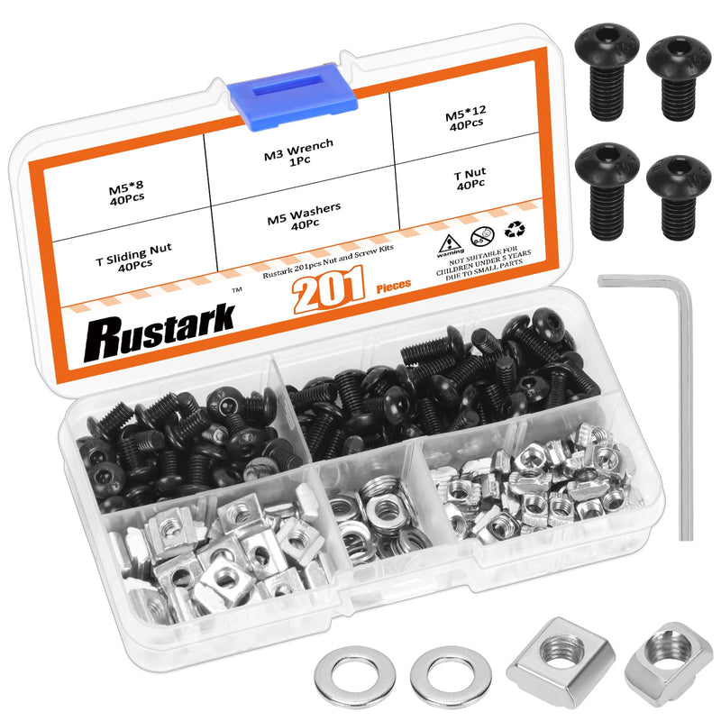 201Pcs 2 Sizes Black M5 T-Nuts Screws Assortment Kit Hammer Head T-Slot Nut T Nut and Screw Kits T Nuts Screws T Slot Nut Head Fastener T Sliding Screw Stud for 2020 Series Aluminum Extrusion