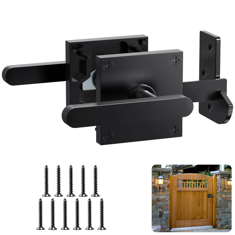 Double Side Gate Latch, Heavy Duty Gate Latch for Wooden Fence, Black Fence Gate Latch with Handles, Left Inswing Gate Latch for Wooden Gates, Vinyl Gate, Backyard, Garden GL01