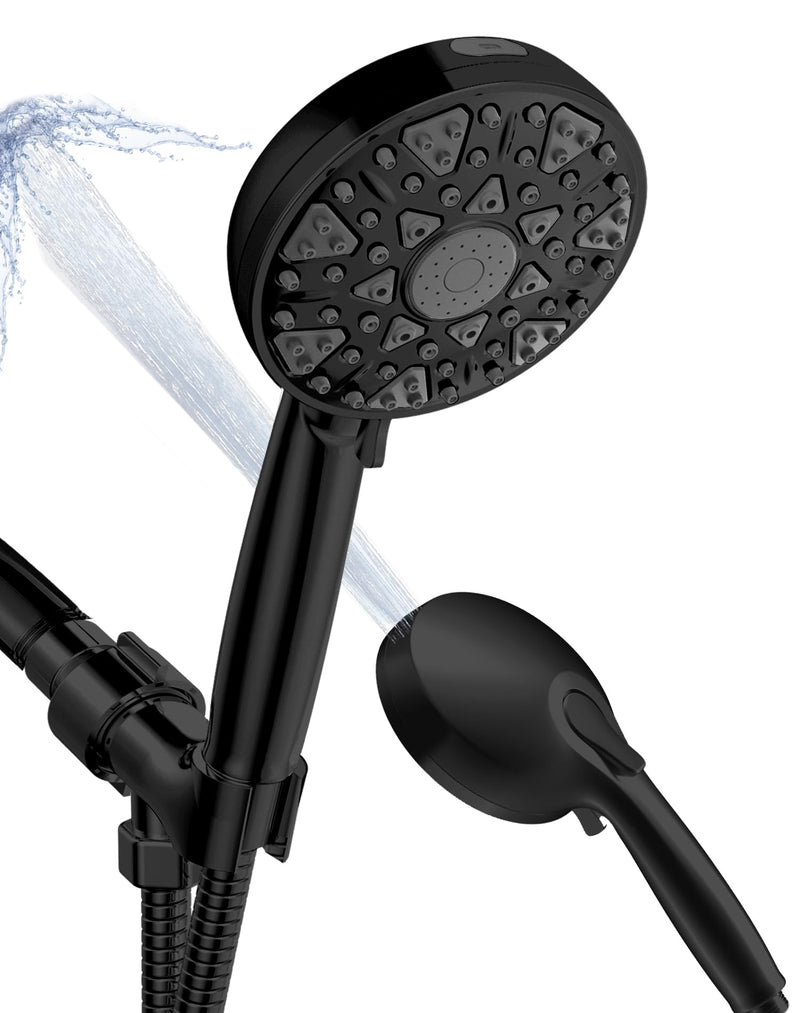 Shower Head With Handheld High Pressure 7 modes, Built-in Power Wash to Clear Tub, Tile, 5" High Powerful Hand Held Rain Showerhead with Stainless Steel Hose and Adjustable Bracket (Matte Black) Polished Black